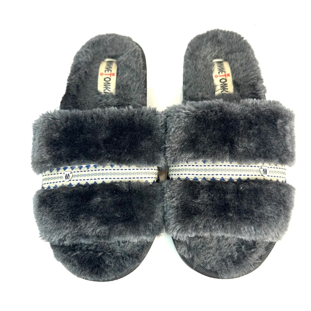 Minnetonka Faux Fur Slide Charcoal Grey Slippers Womens 9M Gray